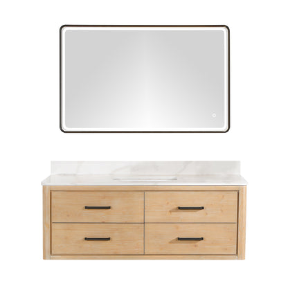 Vinnova, Cristo 55" Floating Single Bath Vanity in Fir Wood Brown with Fish Maw White Quartz Stone Top and Mirror
