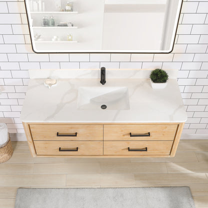 Vinnova, Cristo 55" Floating Single Bath Vanity in Fir Wood Brown with Fish Maw White Quartz Stone Top and Mirror