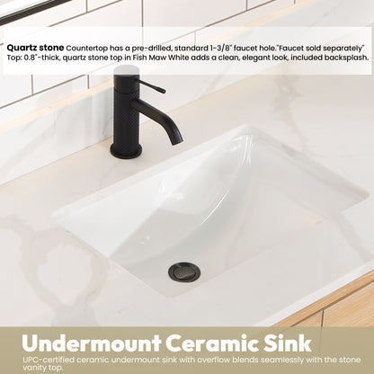 Vinnova, Cristo 55" Floating Single Bath Vanity in Fir Wood Brown with Fish Maw White Quartz Stone Top and Mirror