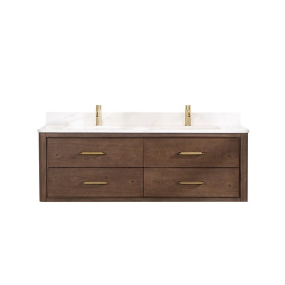 Vinnova, Cristo 60M" Floating Double Bath Vanity in Aged Dark Brown Oak with Fish Maw White Quartz Stone Top