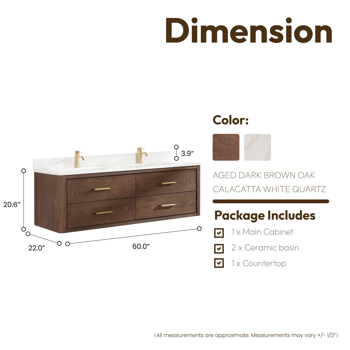 Vinnova, Cristo 60M" Floating Double Bath Vanity in Aged Dark Brown Oak with Fish Maw White Quartz Stone Top