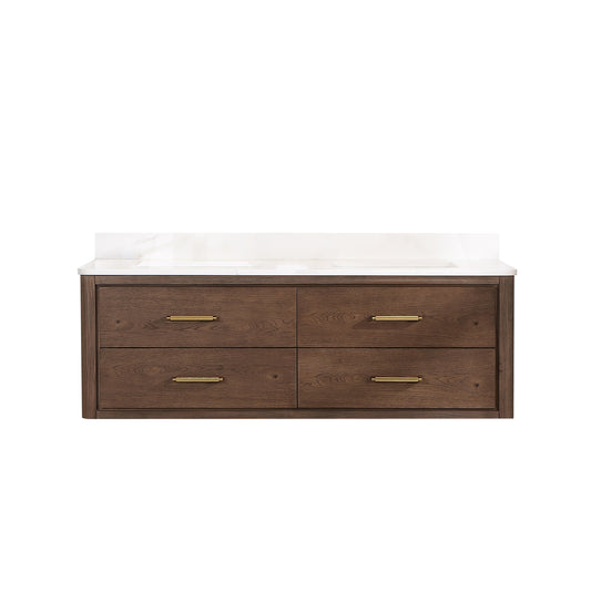 Vinnova, Cristo 60M" Floating Double Bath Vanity in Aged Dark Brown Oak with Fish Maw White Quartz Stone Top