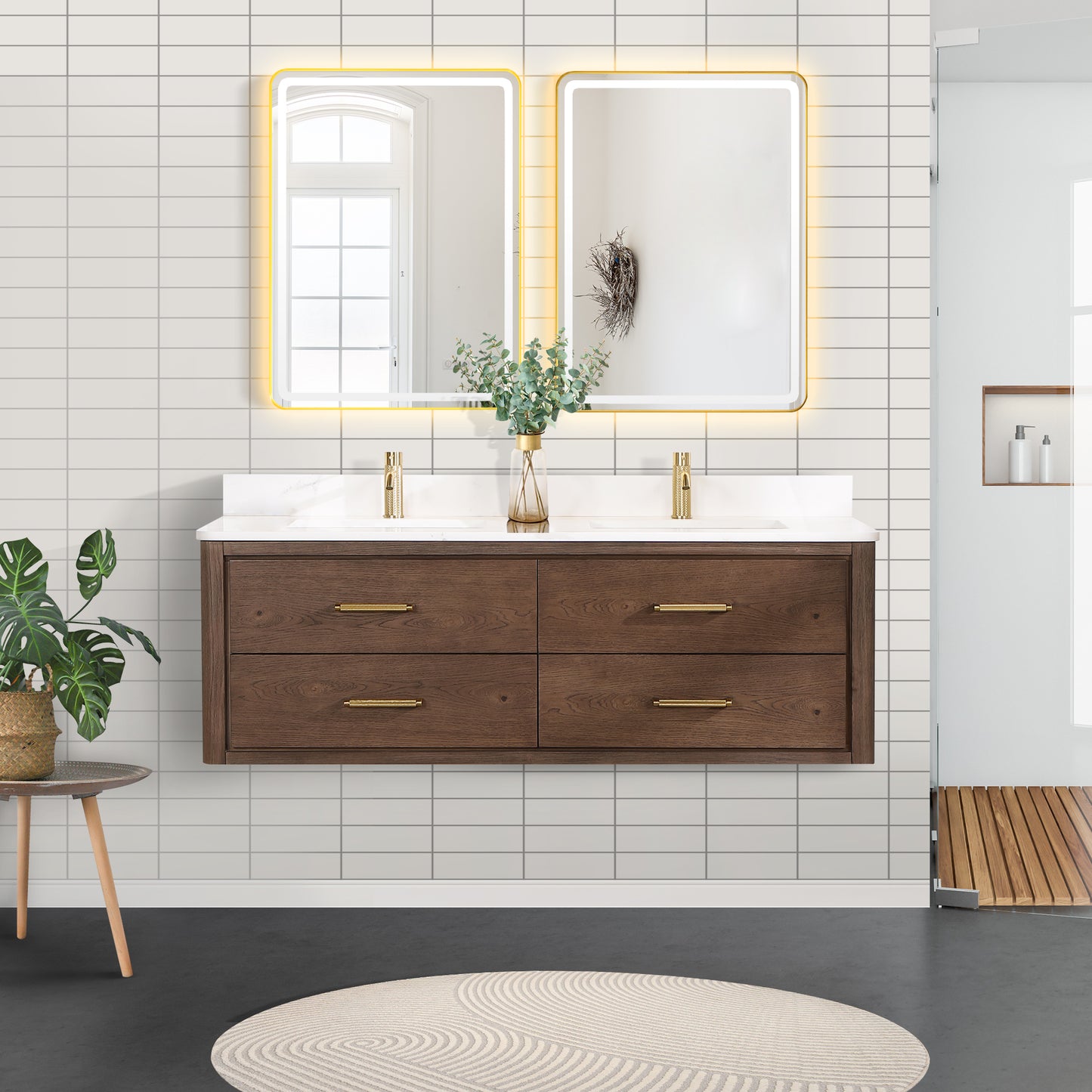 Vinnova, Cristo 60M" Floating Double Bath Vanity in Aged Dark Brown Oak with Fish Maw White Quartz Stone Top