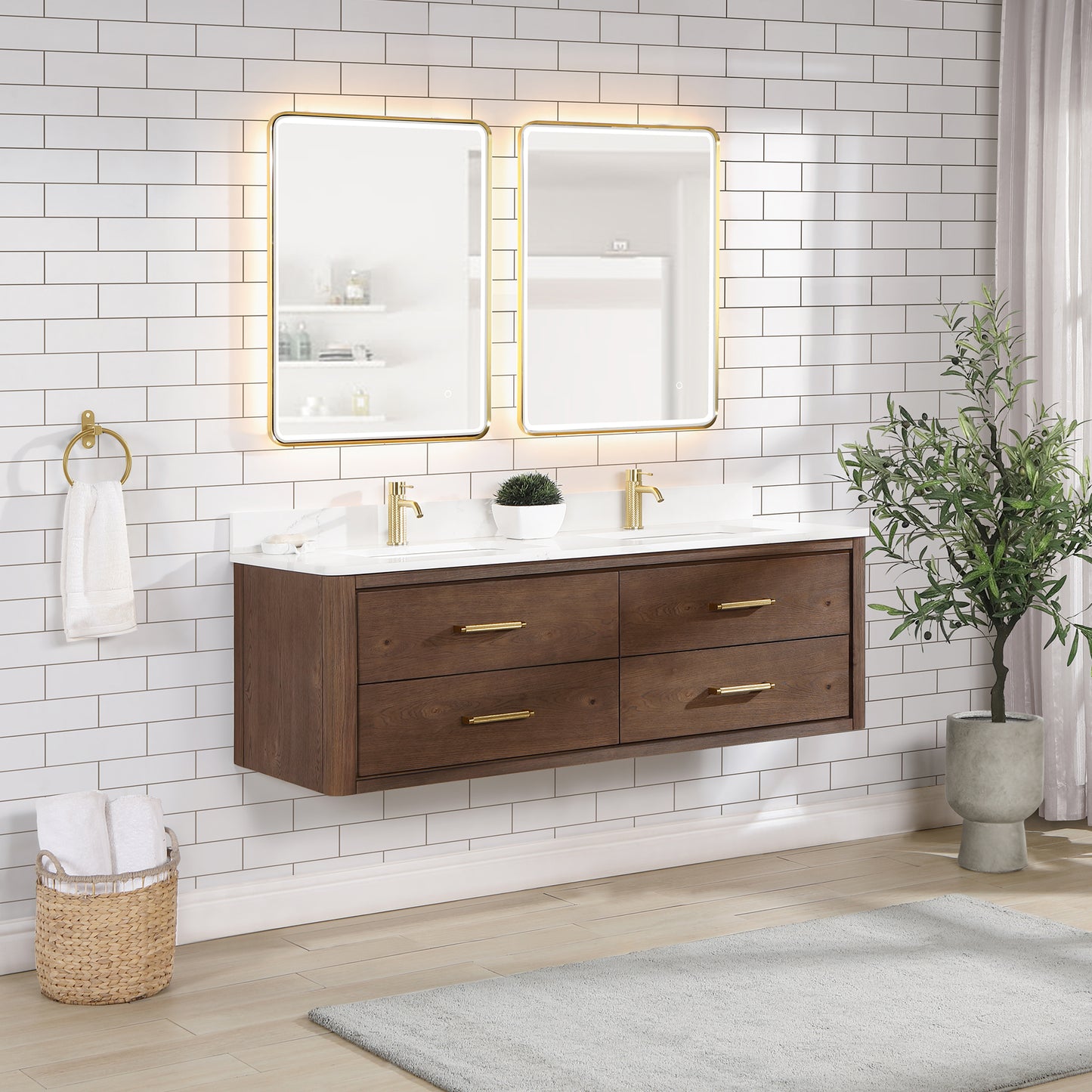 Vinnova, Cristo 60M" Floating Double Bath Vanity in Aged Dark Brown Oak with Fish Maw White Quartz Stone Top