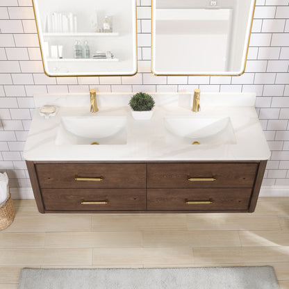 Vinnova, Cristo 60M" Floating Double Bath Vanity in Aged Dark Brown Oak with Fish Maw White Quartz Stone Top