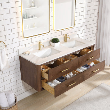 Vinnova, Cristo 60M" Floating Double Bath Vanity in Aged Dark Brown Oak with Fish Maw White Quartz Stone Top