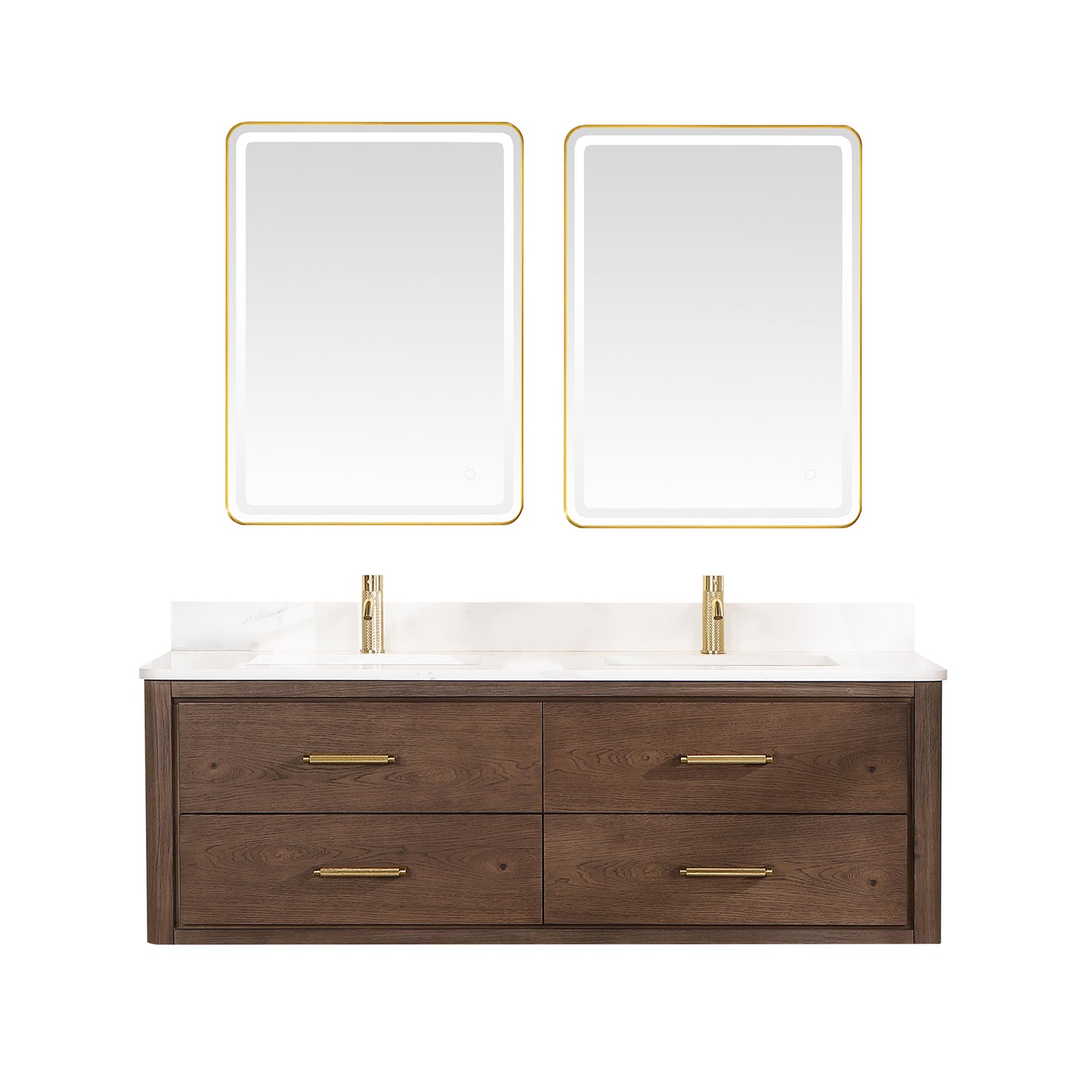 Vinnova, Cristo 60M" Floating Double Bath Vanity in Aged Dark Brown Oak with Fish Maw White Quartz Stone Top and Mirror