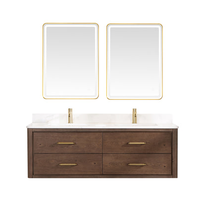Vinnova, Cristo 60M" Floating Double Bath Vanity in Aged Dark Brown Oak with Fish Maw White Quartz Stone Top and Mirror