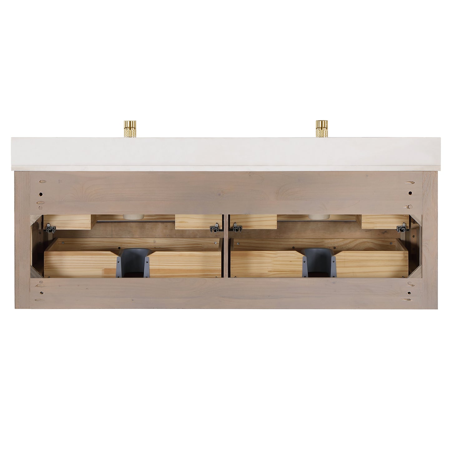 Vinnova, Cristo 60M" Floating Double Bath Vanity in Aged Dark Brown Oak with Fish Maw White Quartz Stone Top and Mirror