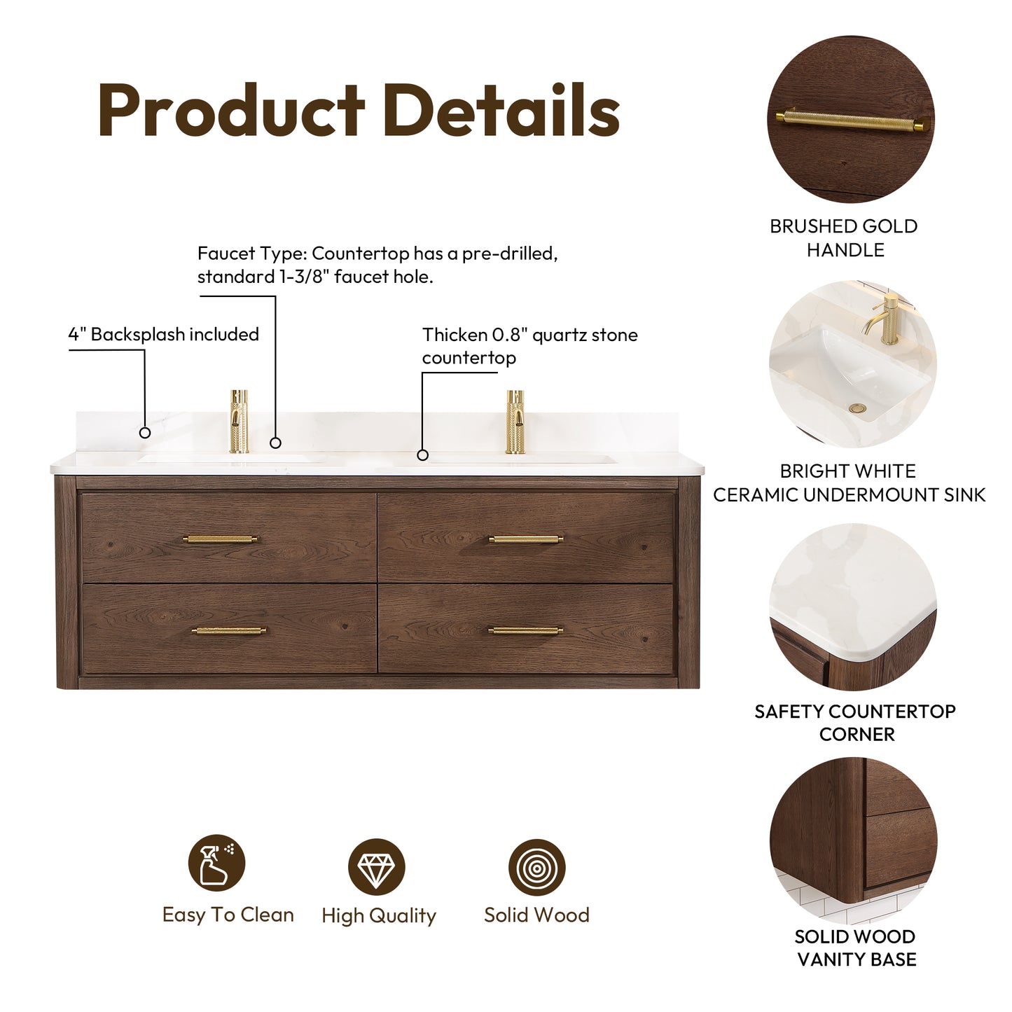 Vinnova, Cristo 60M" Floating Double Bath Vanity in Aged Dark Brown Oak with Fish Maw White Quartz Stone Top and Mirror
