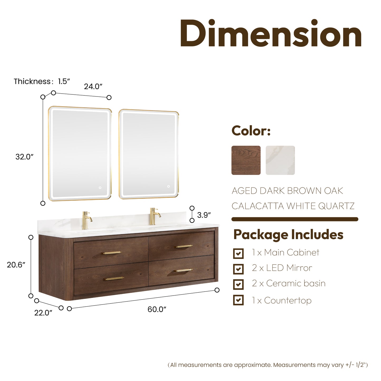 Vinnova, Cristo 60M" Floating Double Bath Vanity in Aged Dark Brown Oak with Fish Maw White Quartz Stone Top and Mirror