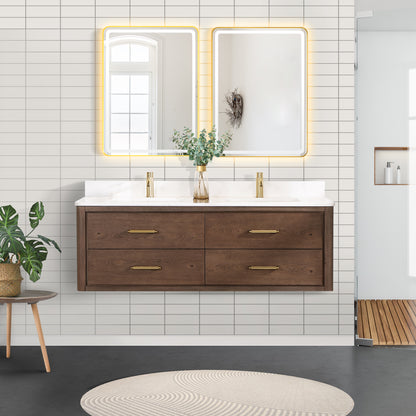 Vinnova, Cristo 60M" Floating Double Bath Vanity in Aged Dark Brown Oak with Fish Maw White Quartz Stone Top and Mirror
