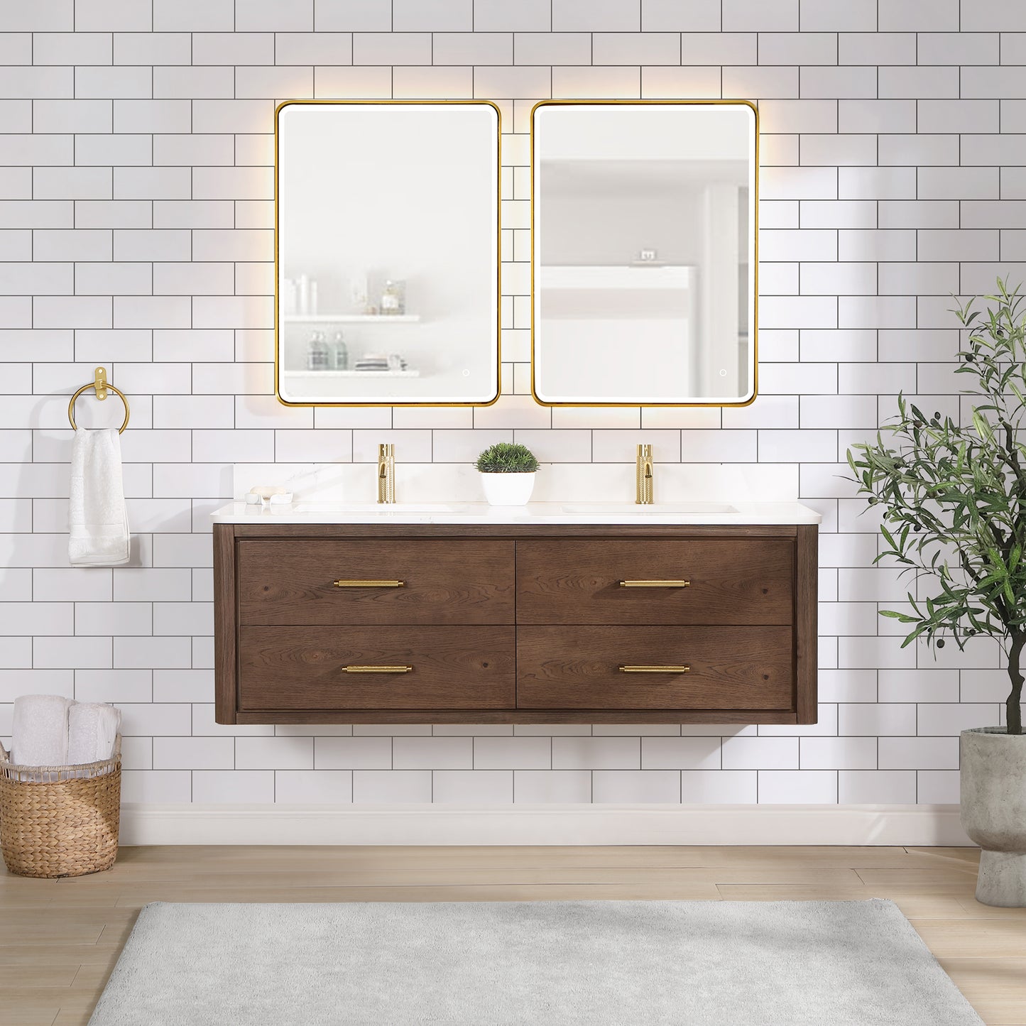 Vinnova, Cristo 60M" Floating Double Bath Vanity in Aged Dark Brown Oak with Fish Maw White Quartz Stone Top and Mirror