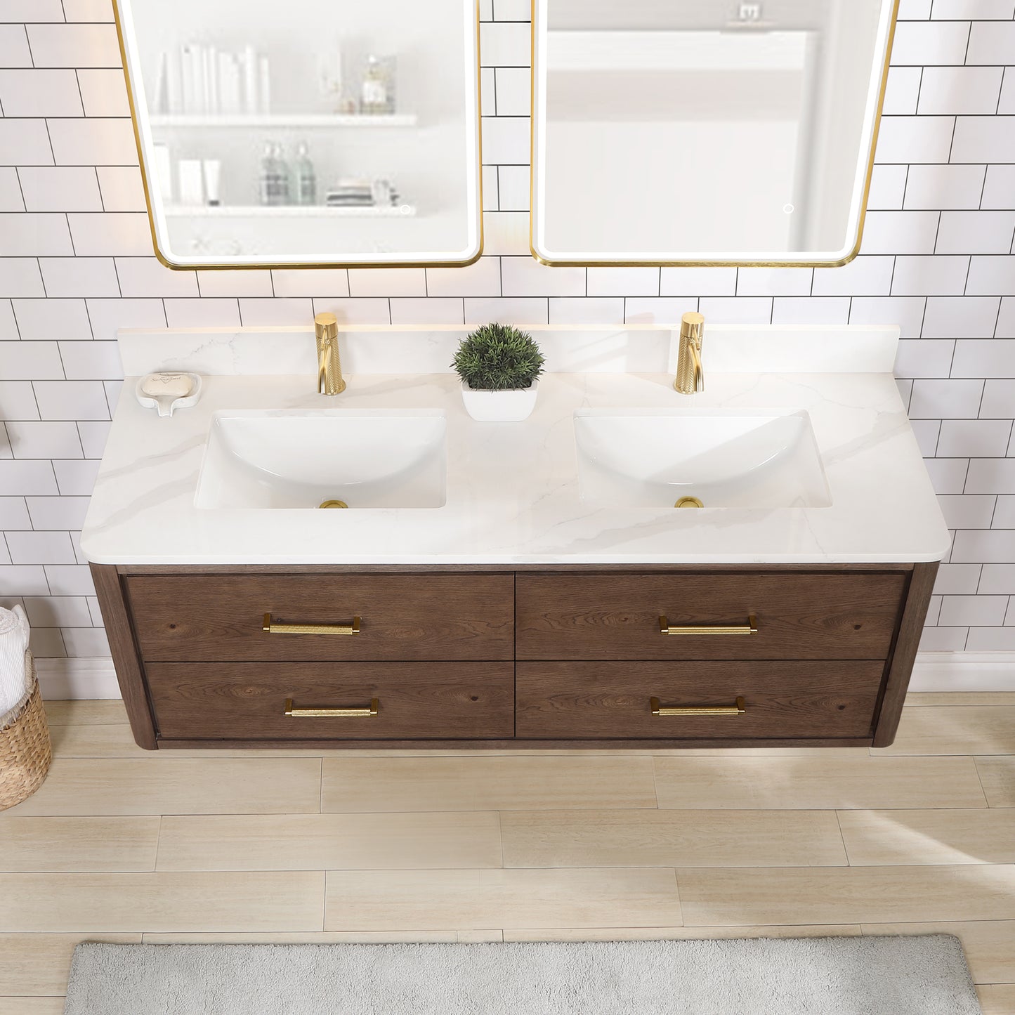 Vinnova, Cristo 60M" Floating Double Bath Vanity in Aged Dark Brown Oak with Fish Maw White Quartz Stone Top and Mirror