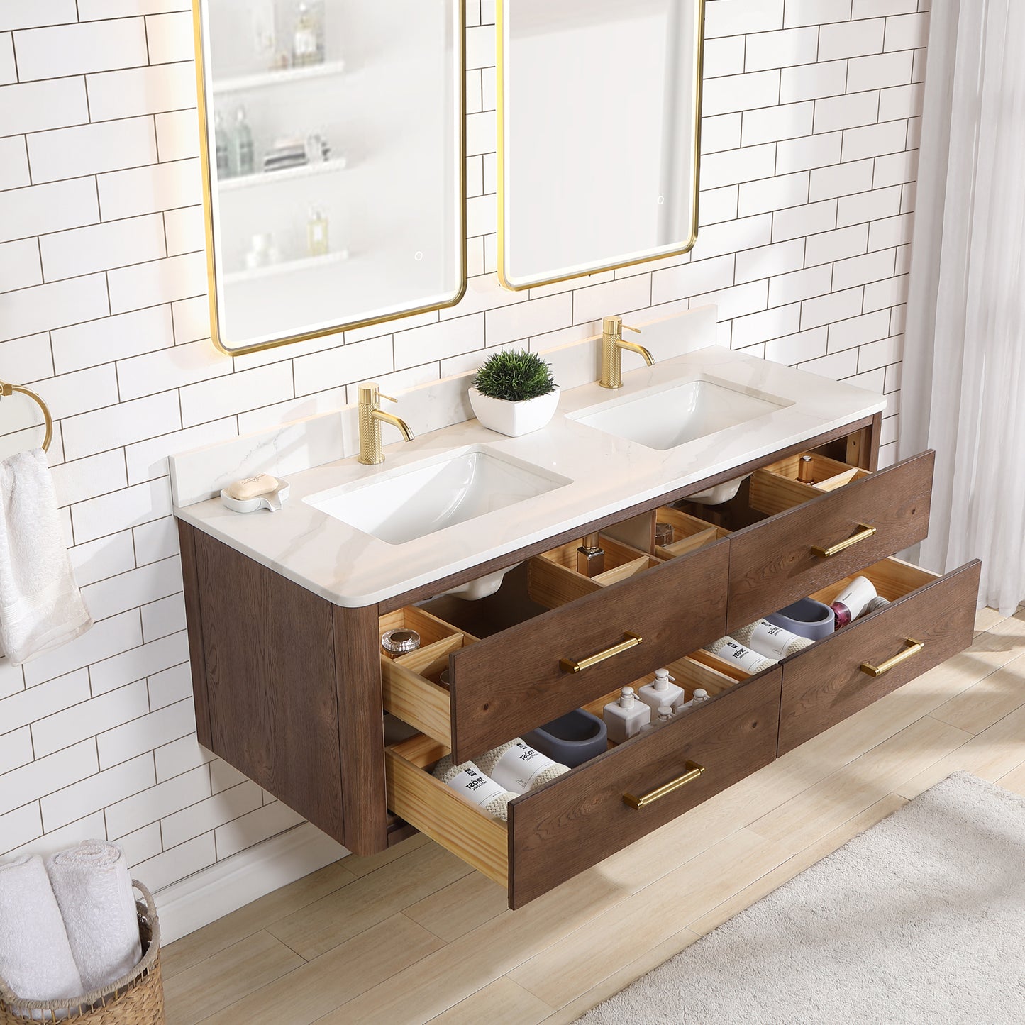 Vinnova, Cristo 60M" Floating Double Bath Vanity in Aged Dark Brown Oak with Fish Maw White Quartz Stone Top and Mirror