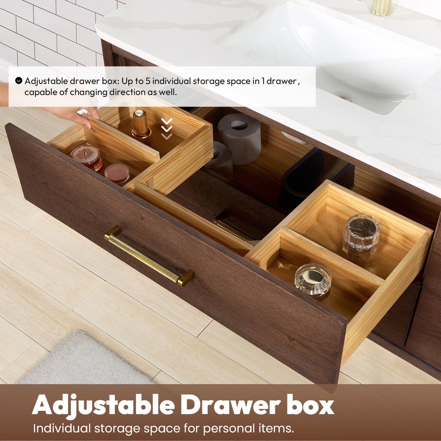 Vinnova, Cristo 60M" Floating Double Bath Vanity in Aged Dark Brown Oak with Fish Maw White Quartz Stone Top and Mirror