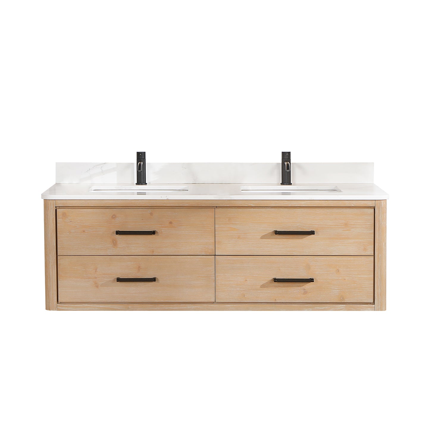 Vinnova, Cristo 60M" Floating Double Bath Vanity in Fir Wood Brown with Fish Maw White Quartz Stone Top