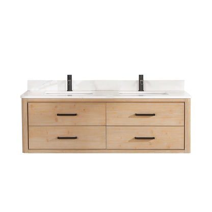 Vinnova, Cristo 60M" Floating Double Bath Vanity in Fir Wood Brown with Fish Maw White Quartz Stone Top