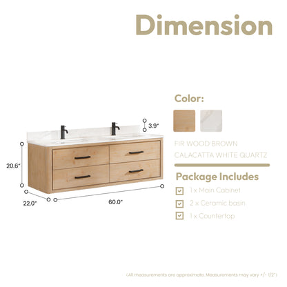 Vinnova, Cristo 60M" Floating Double Bath Vanity in Fir Wood Brown with Fish Maw White Quartz Stone Top