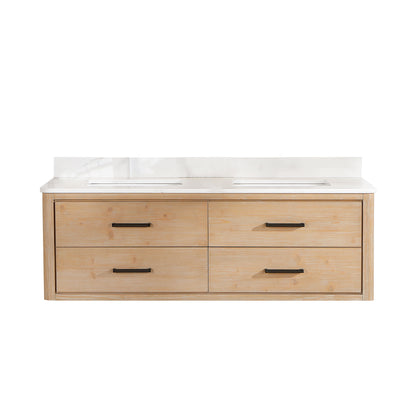 Vinnova, Cristo 60M" Floating Double Bath Vanity in Fir Wood Brown with Fish Maw White Quartz Stone Top