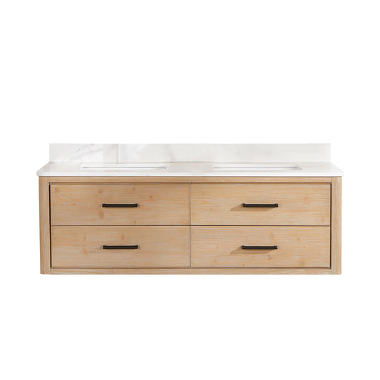 Vinnova, Cristo 60M" Floating Double Bath Vanity in Fir Wood Brown with Fish Maw White Quartz Stone Top