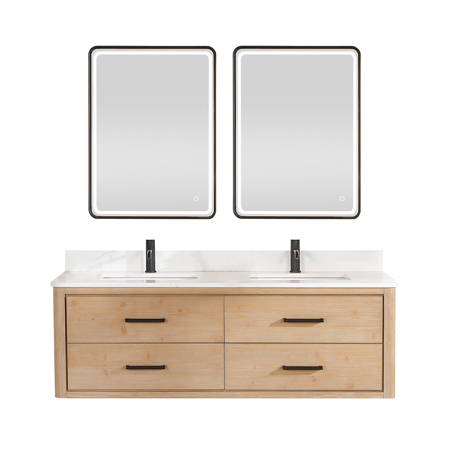 Vinnova, Cristo 60M" Floating Double Bath Vanity in Fir Wood Brown with Fish Maw White Quartz Stone Top and Mirror
