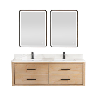 Vinnova, Cristo 60M" Floating Double Bath Vanity in Fir Wood Brown with Fish Maw White Quartz Stone Top and Mirror
