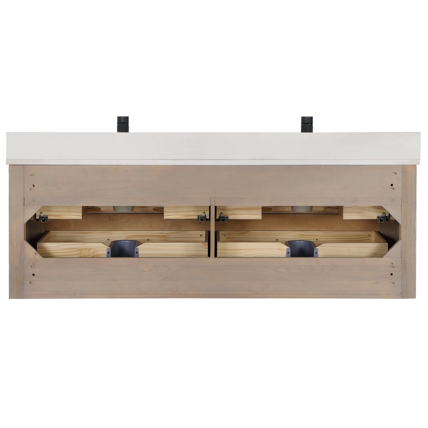 Vinnova, Cristo 60M" Floating Double Bath Vanity in Fir Wood Brown with Fish Maw White Quartz Stone Top and Mirror