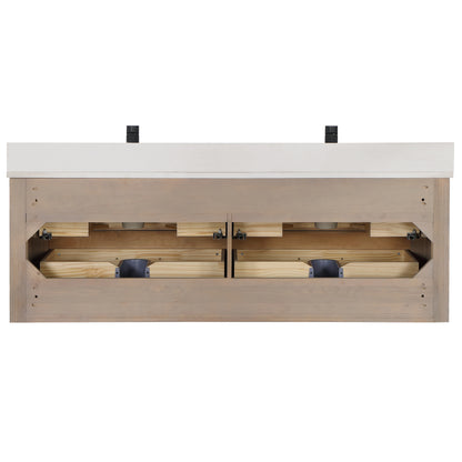 Vinnova, Cristo 60M" Floating Double Bath Vanity in Fir Wood Brown with Fish Maw White Quartz Stone Top and Mirror