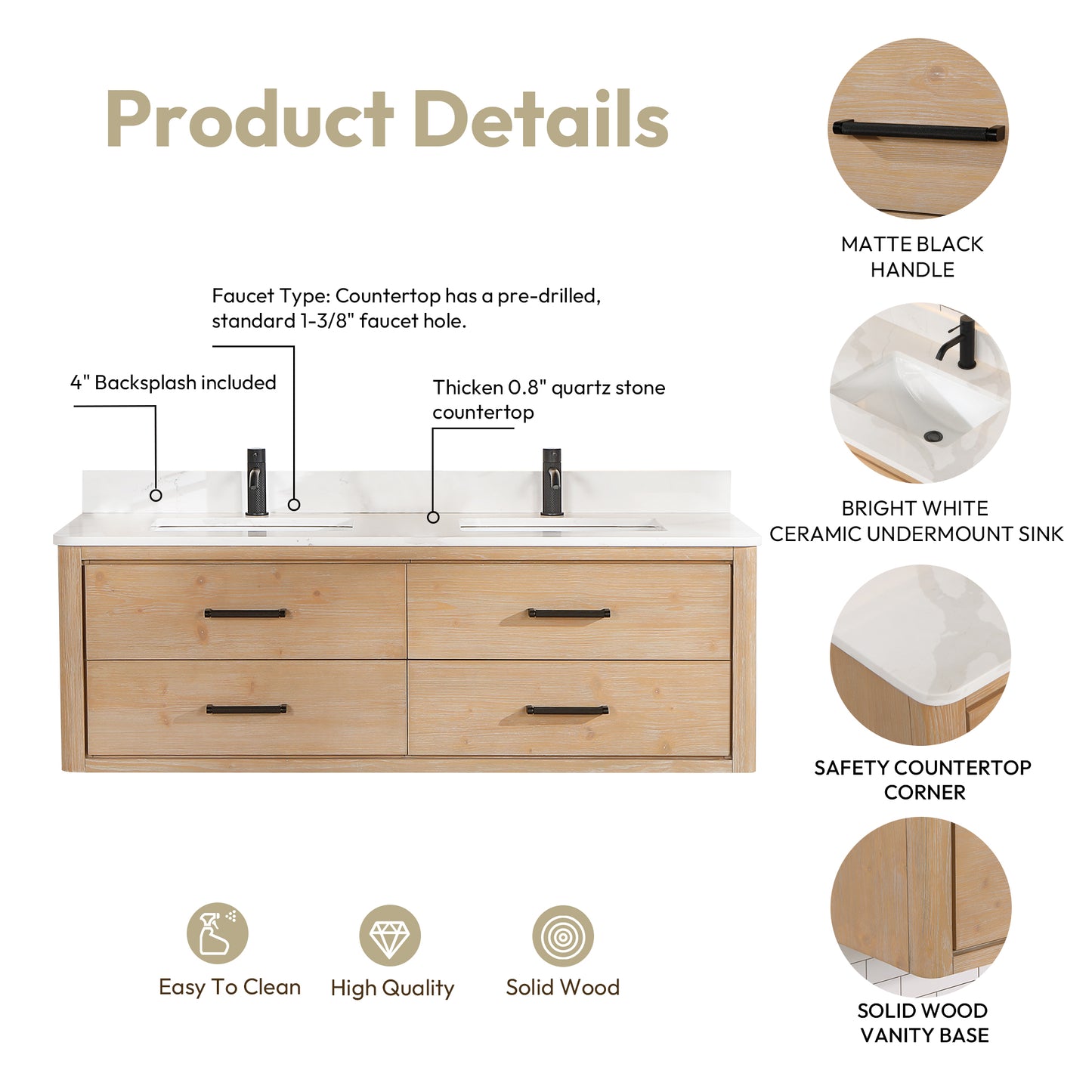 Vinnova, Cristo 60M" Floating Double Bath Vanity in Fir Wood Brown with Fish Maw White Quartz Stone Top and Mirror