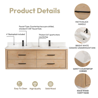 Vinnova, Cristo 60M" Floating Double Bath Vanity in Fir Wood Brown with Fish Maw White Quartz Stone Top and Mirror