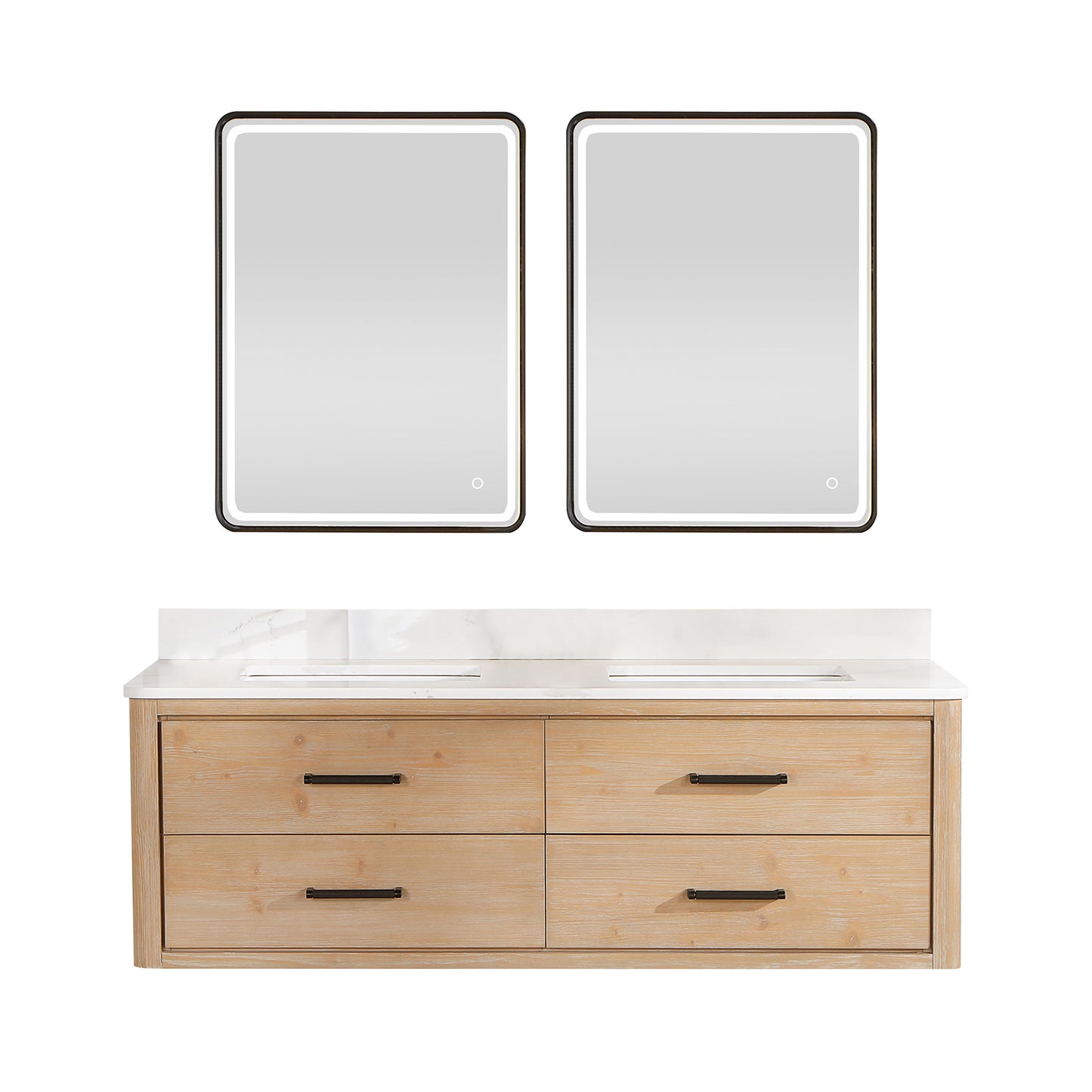 Vinnova, Cristo 60M" Floating Double Bath Vanity in Fir Wood Brown with Fish Maw White Quartz Stone Top and Mirror
