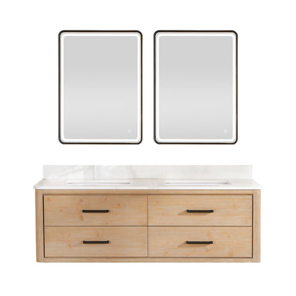 Vinnova, Cristo 60M" Floating Double Bath Vanity in Fir Wood Brown with Fish Maw White Quartz Stone Top and Mirror
