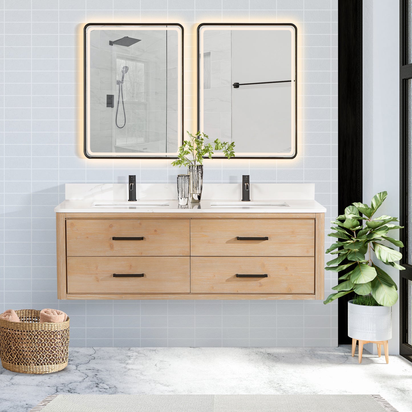 Vinnova, Cristo 60M" Floating Double Bath Vanity in Fir Wood Brown with Fish Maw White Quartz Stone Top and Mirror