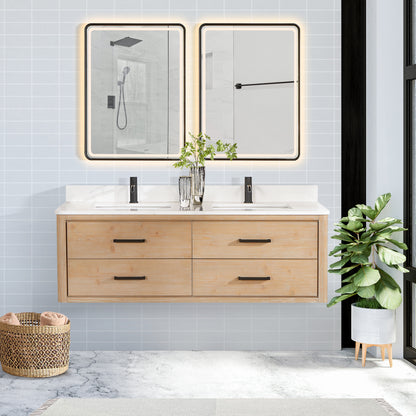 Vinnova, Cristo 60M" Floating Double Bath Vanity in Fir Wood Brown with Fish Maw White Quartz Stone Top and Mirror