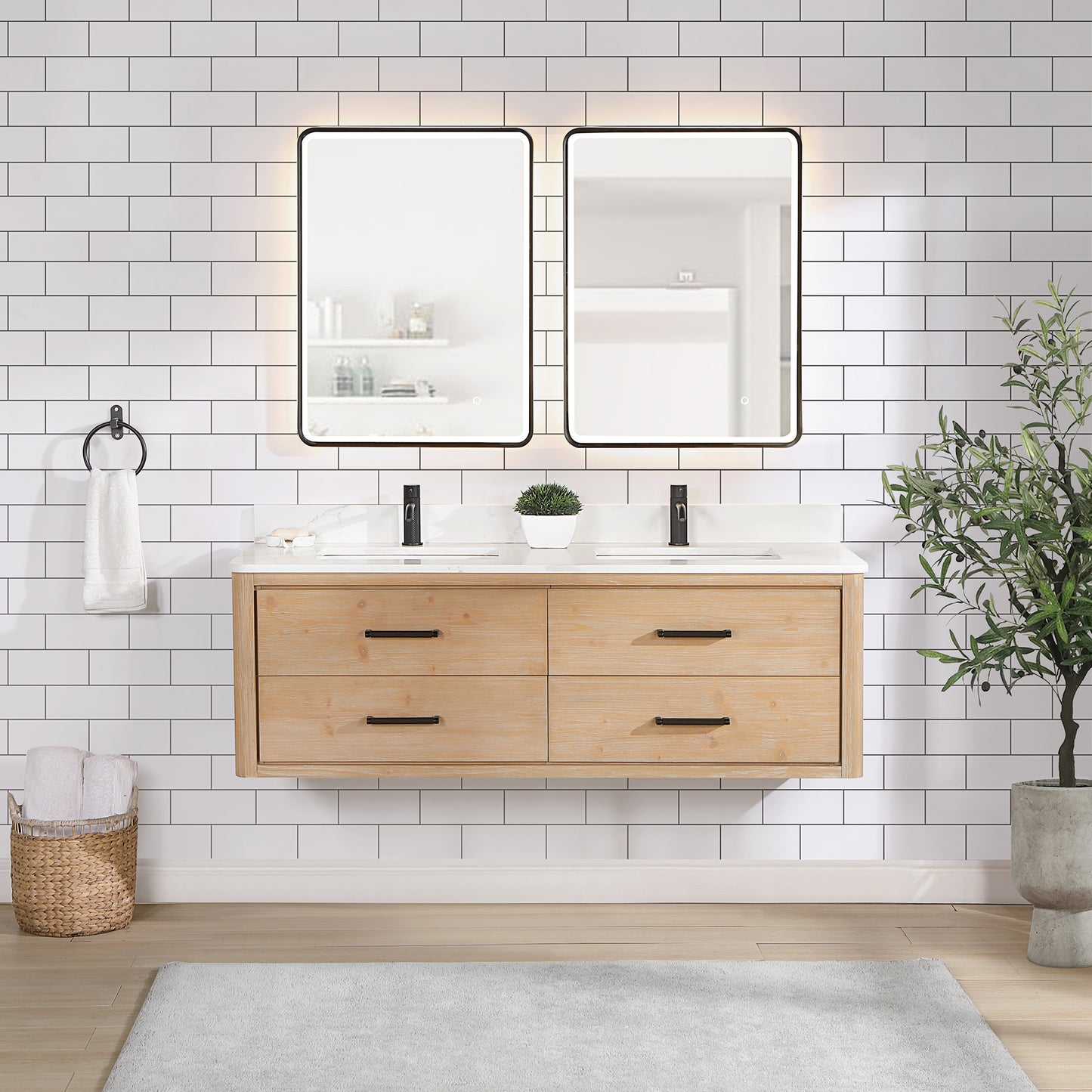 Vinnova, Cristo 60M" Floating Double Bath Vanity in Fir Wood Brown with Fish Maw White Quartz Stone Top and Mirror