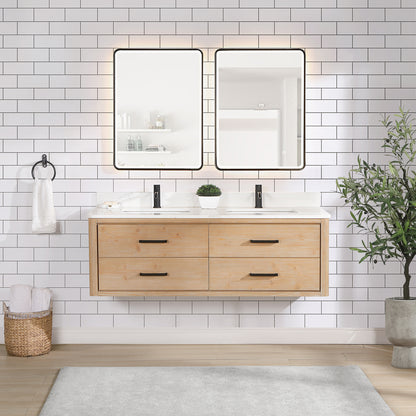 Vinnova, Cristo 60M" Floating Double Bath Vanity in Fir Wood Brown with Fish Maw White Quartz Stone Top and Mirror