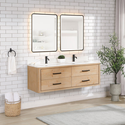 Vinnova, Cristo 60M" Floating Double Bath Vanity in Fir Wood Brown with Fish Maw White Quartz Stone Top and Mirror