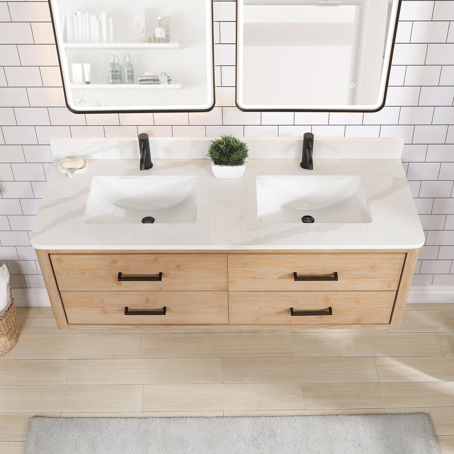 Vinnova, Cristo 60M" Floating Double Bath Vanity in Fir Wood Brown with Fish Maw White Quartz Stone Top and Mirror