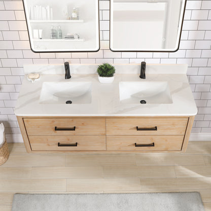 Vinnova, Cristo 60M" Floating Double Bath Vanity in Fir Wood Brown with Fish Maw White Quartz Stone Top and Mirror