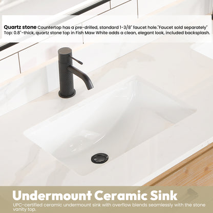 Vinnova, Cristo 60M" Floating Double Bath Vanity in Fir Wood Brown with Fish Maw White Quartz Stone Top and Mirror