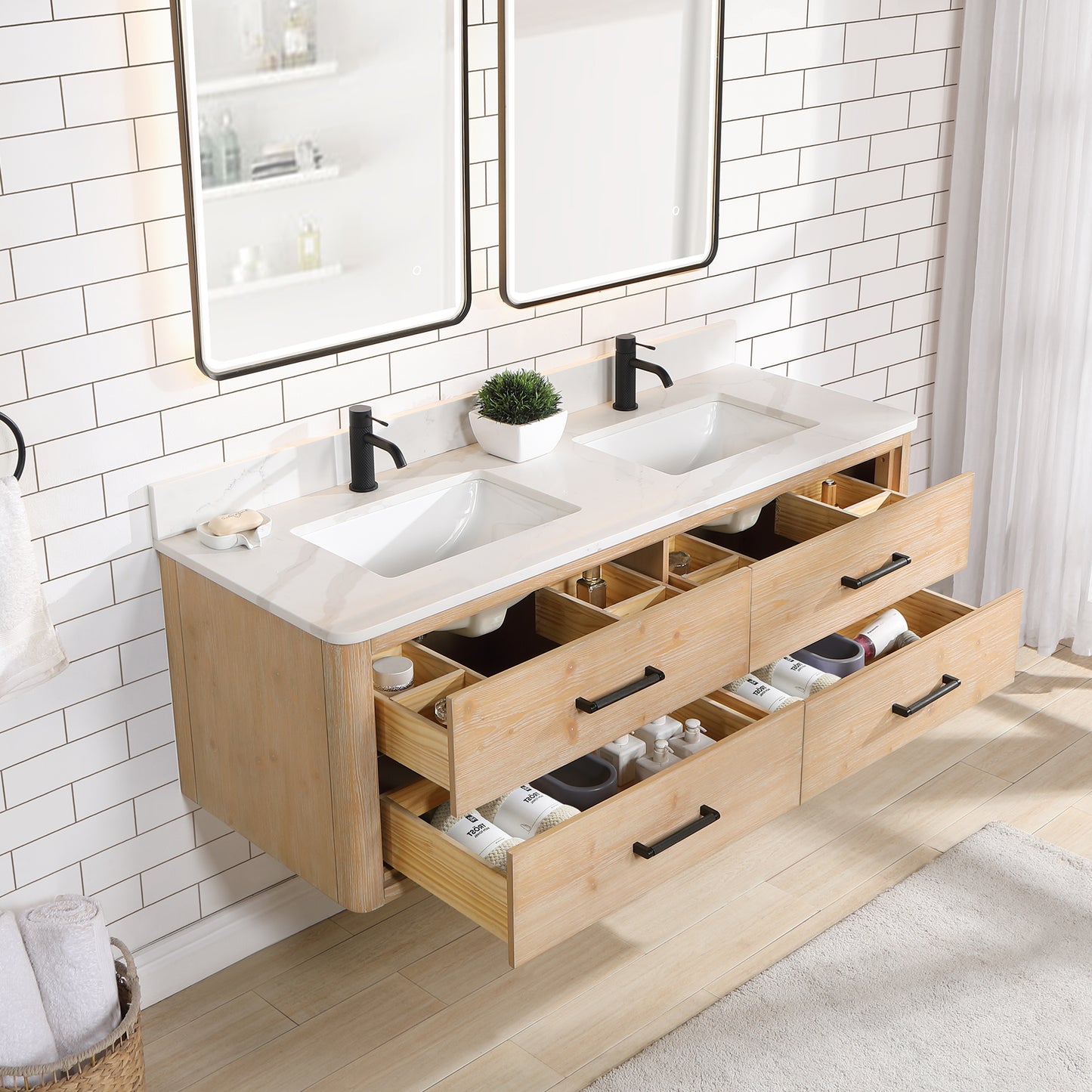 Vinnova, Cristo 60M" Floating Double Bath Vanity in Fir Wood Brown with Fish Maw White Quartz Stone Top and Mirror