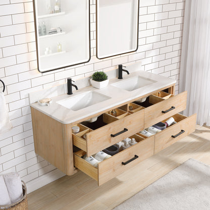 Vinnova, Cristo 60M" Floating Double Bath Vanity in Fir Wood Brown with Fish Maw White Quartz Stone Top and Mirror
