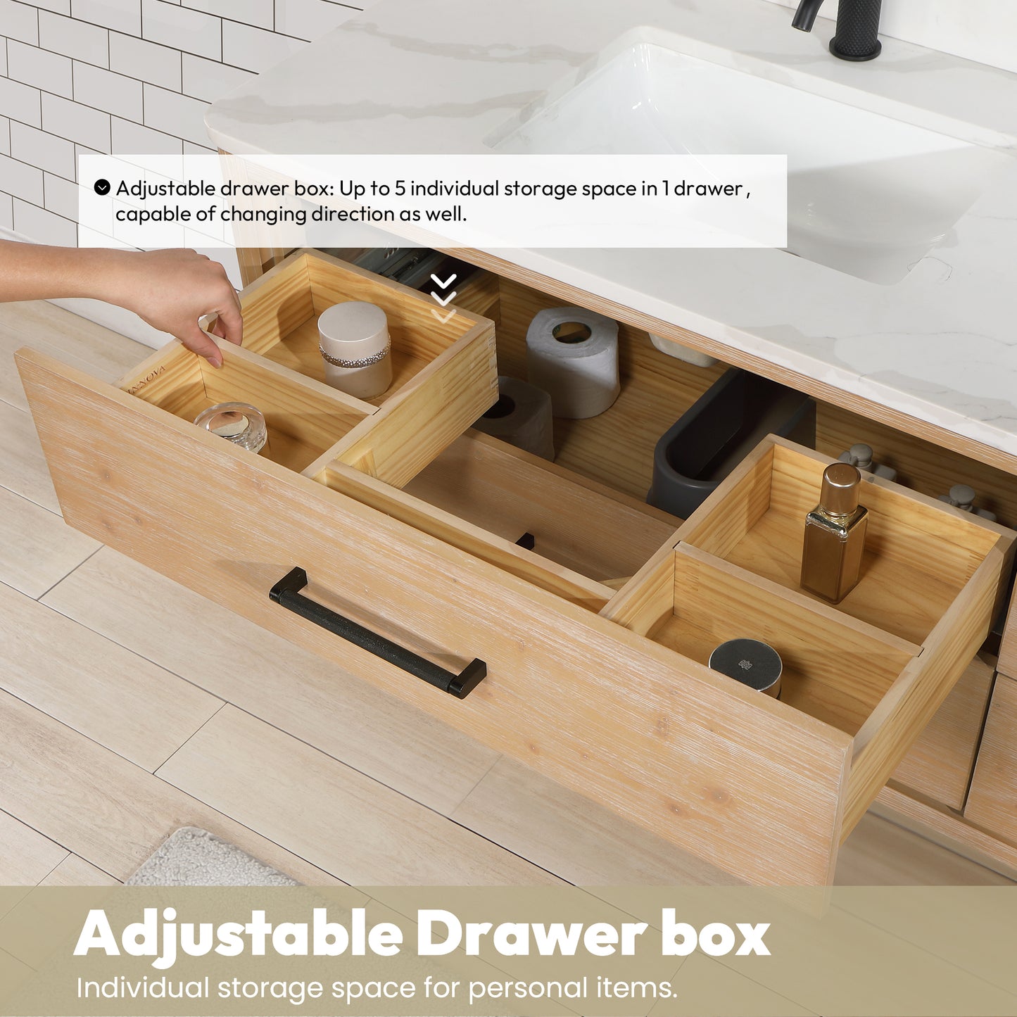 Vinnova, Cristo 60M" Floating Double Bath Vanity in Fir Wood Brown with Fish Maw White Quartz Stone Top and Mirror