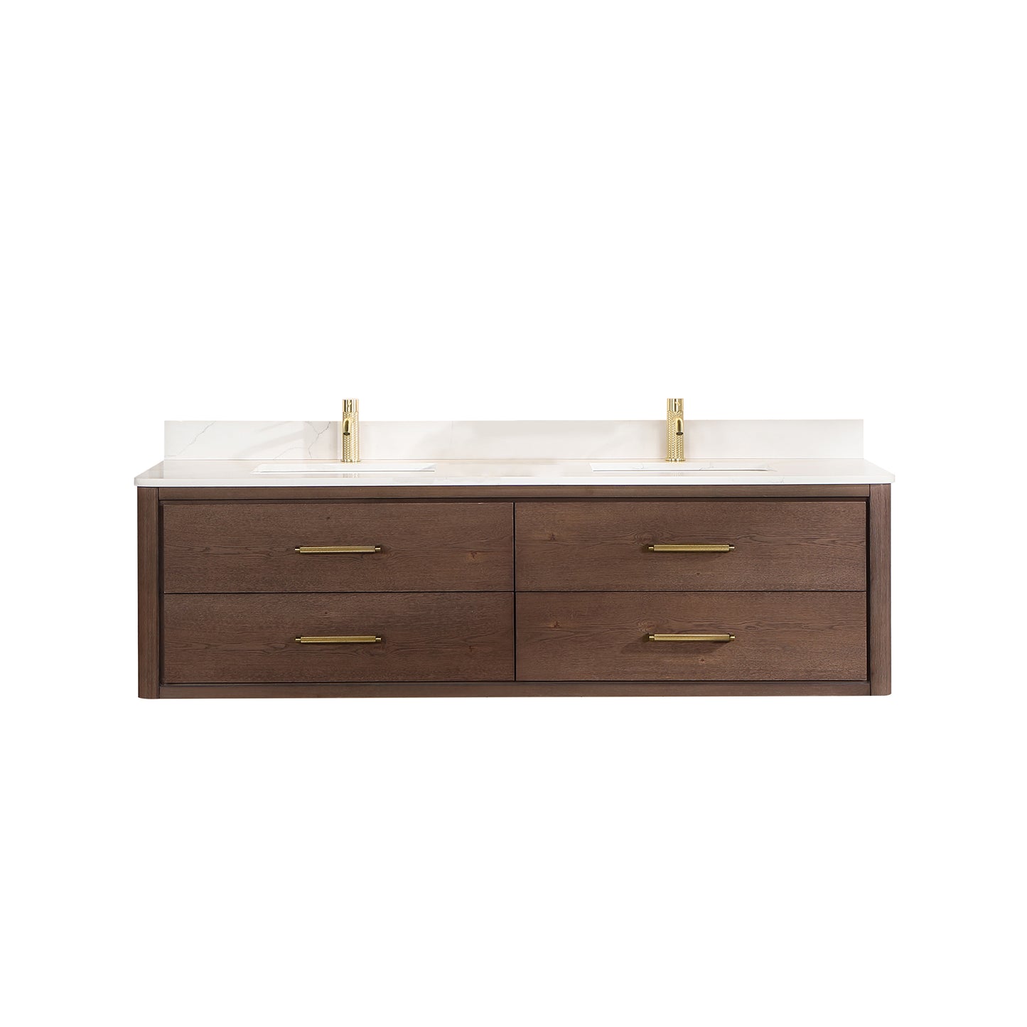 Vinnova, Cristo 72" Floating Double Bath Vanity in Aged Dark Brown Oak with Fish Maw White Quartz Stone Top