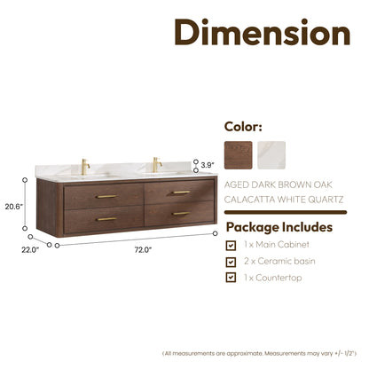 Vinnova, Cristo 72" Floating Double Bath Vanity in Aged Dark Brown Oak with Fish Maw White Quartz Stone Top
