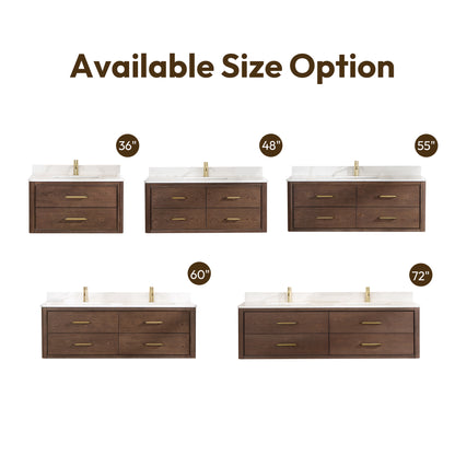 Vinnova, Cristo 72" Floating Double Bath Vanity in Aged Dark Brown Oak with Fish Maw White Quartz Stone Top