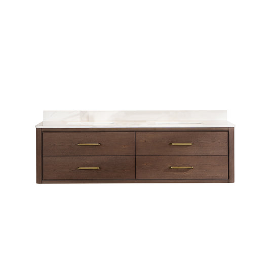 Vinnova, Cristo 72" Floating Double Bath Vanity in Aged Dark Brown Oak with Fish Maw White Quartz Stone Top