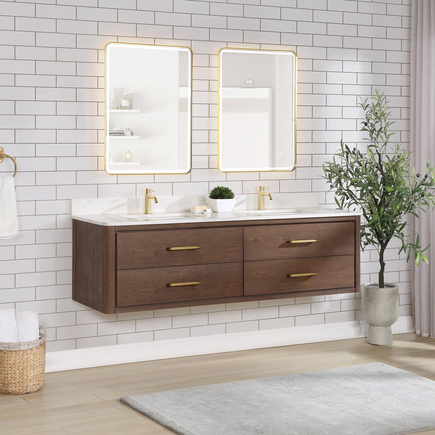 Vinnova, Cristo 72" Floating Double Bath Vanity in Aged Dark Brown Oak with Fish Maw White Quartz Stone Top