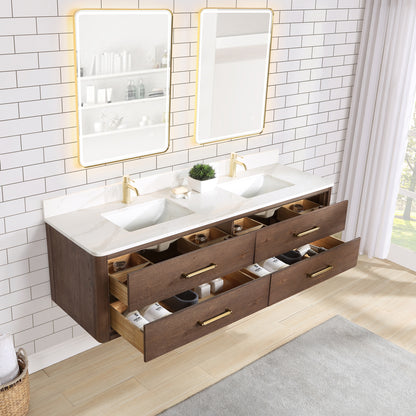 Vinnova, Cristo 72" Floating Double Bath Vanity in Aged Dark Brown Oak with Fish Maw White Quartz Stone Top